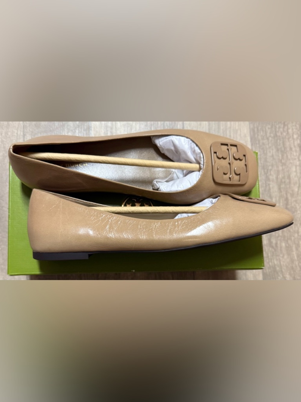 Tory Burch Camel Leather Logo Ballet Flats - Picture 3 of 6